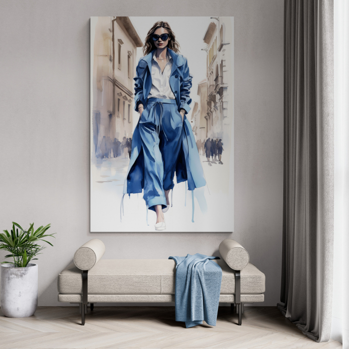 Tablou canvas, modern, femeie eleganta, fashionin, stil abstract, nuante de albastru, pentru hotel [1]