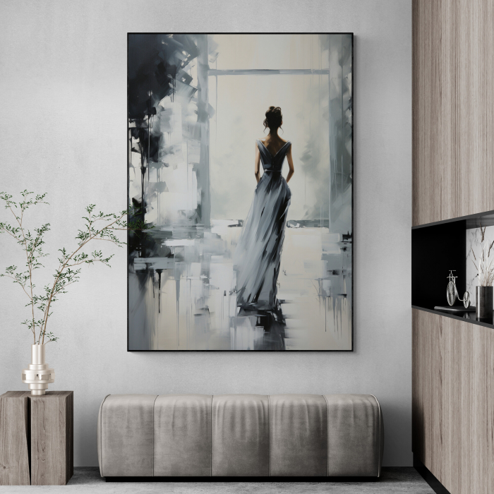 Tablou canvas, modern, femeie eleganta, fashionin, stil abstract, nuante de gri, pentru hol [1]