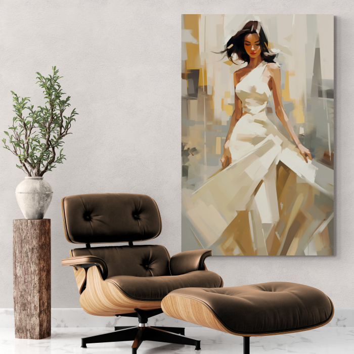 Tablou canvas, modern, femeie eleganta in rochie, fashionin, stil abstract, nuante de crem pentru hotel [1]