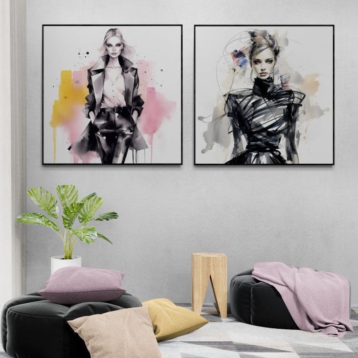 Tablou canvas, modern, femeie fashion in stil abstract, nuante roz si negru, pentru studiou [1]