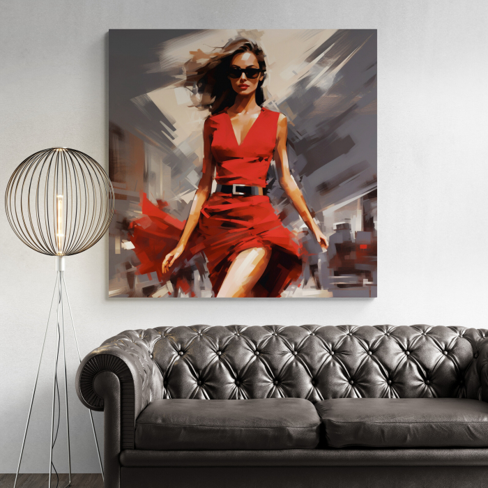 Tablou canvas, modern, femeie fashionin, stil abstract, in nuante de gri si rosu roz, pentru living [1]