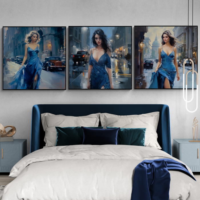 Tablou canvas, modern, femeie fashionin, stil abstract, nuante de albastru, pentru dormitor [1]