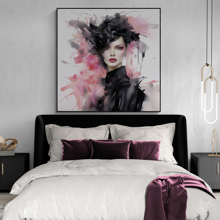 Tablou canvas, modern, femeie fashionin, stil abstract, nuante roz, pentru dormitor [1]