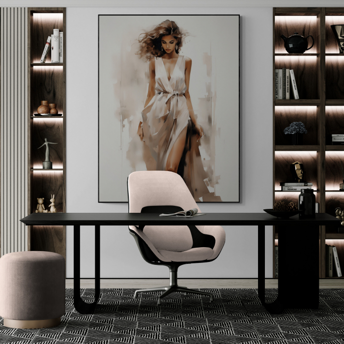 Tablou canvas, modern, femeie in rochie eleganta, fashionin, stil abstract, nuante de crem pentru birou [1]