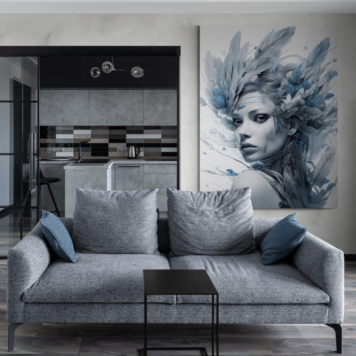 Tablou canvas, modern, femeie senzuala cu pene in par, in nuante de gri, albastru, pentru hotel [1]