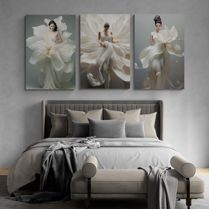 Tablou canvas, modern, femeie senzuala fashion, cu flori albe, pentru dormitor [1]