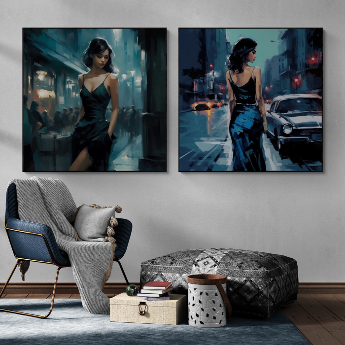 Tablou canvas, modern, femeie senzuala, fashionin, stil abstract, nuante de albastru, pentru hotel [1]