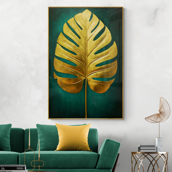 Tablou canvas, modern,  frunza aurie pe fundal verde smarald pentru hol, hotel [1]