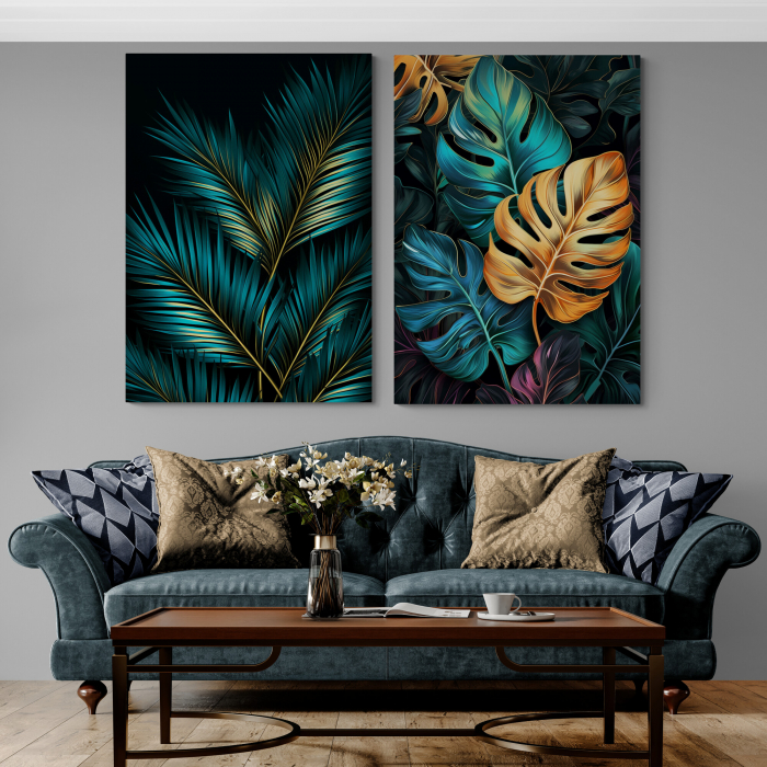 Tablou canvas, modern,  frunze albastru electric pe fundal negru, pentru hol, living [1]