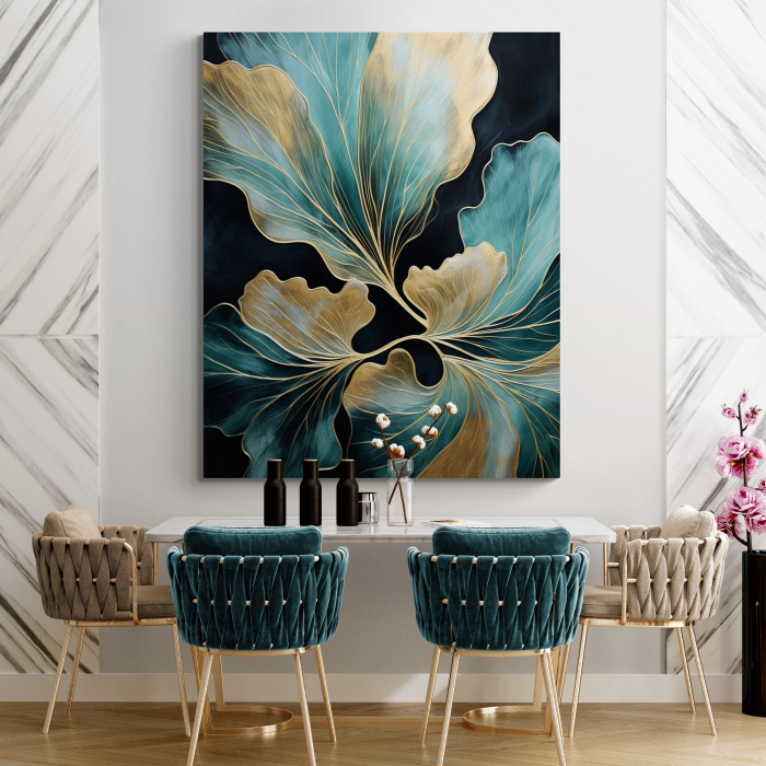 Tablou canvas, modern,  frunze albastru turcuaz, auriu pentru bucatarie, restaurant [1]