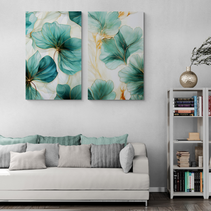 Tablou canvas, modern,  frunze albastru turcuaz pe fundal alb, pentru hol, living [2]