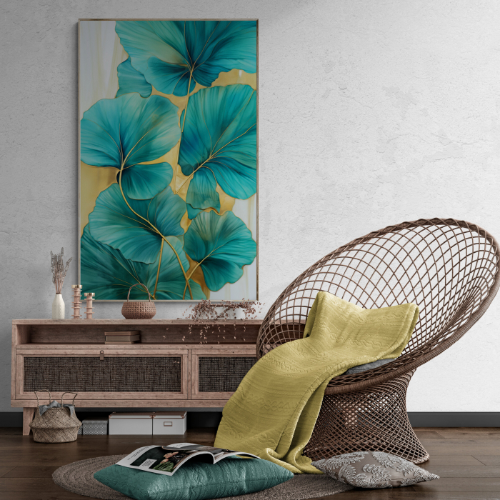 Tablou canvas, modern,  frunze albastru turcuaz, pentru hol, living [2]