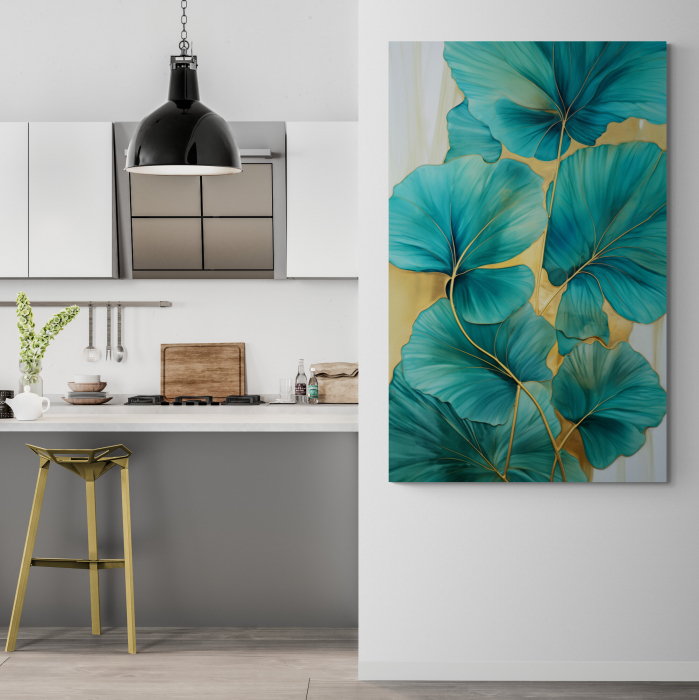 Tablou canvas, modern,  frunze albastru turcuaz, pentru hol, living [3]