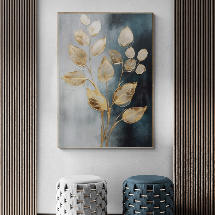Tablou canvas, modern,  Frunze aurii pe fundal albastru, gri, pentru hol [1]