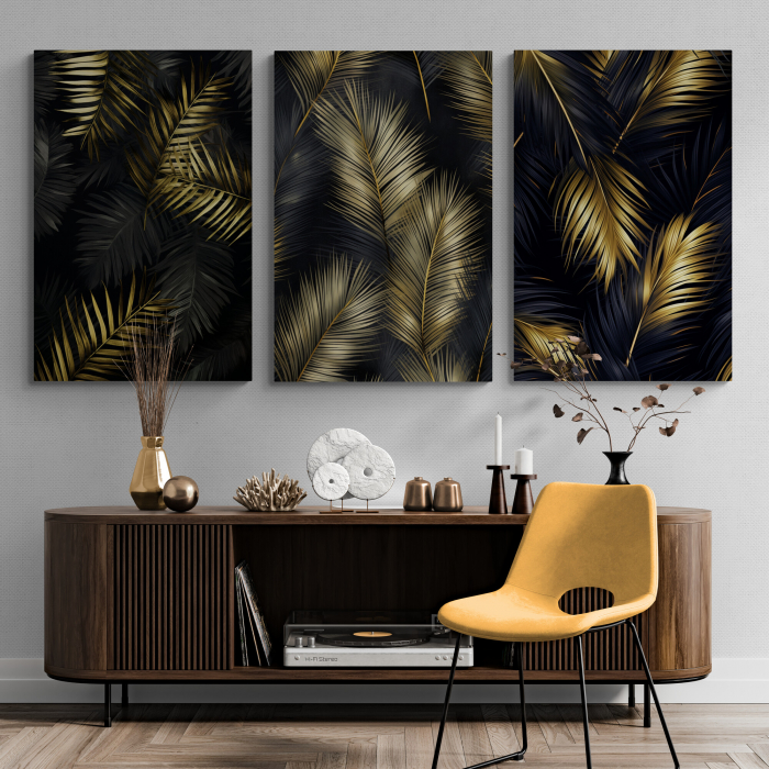 Tablou canvas, modern,  frunze aurii pe fundal negru, pentru hol [1]