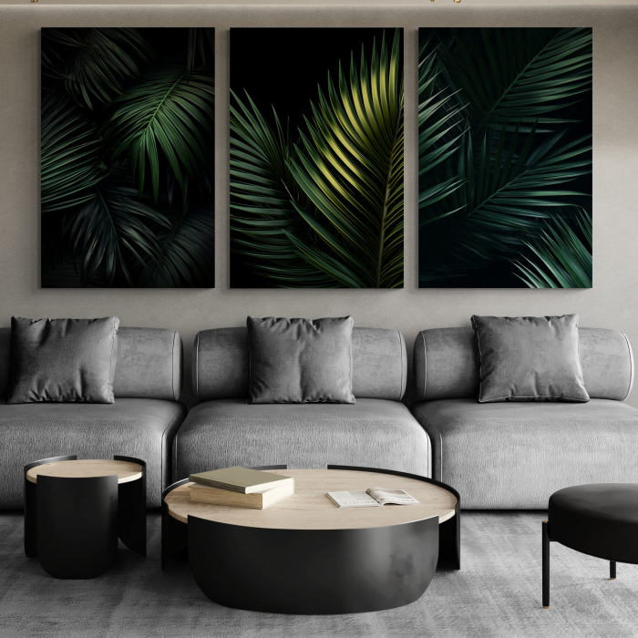 Tablou canvas, modern,  frunze de palmier pe fundal negru, pentru living, hol [1]