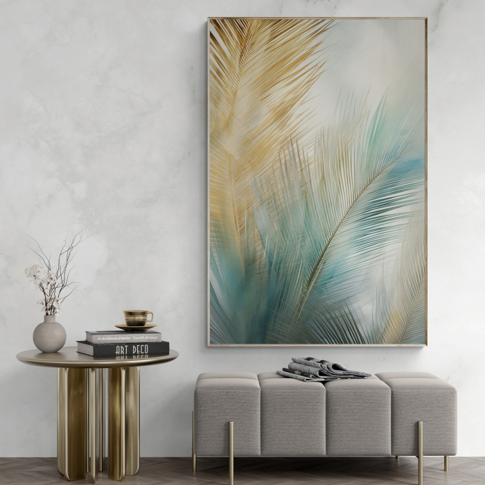 Tablou canvas, modern,  frunze de palmier turcuaz auriu, pentru hotel, hol [1]