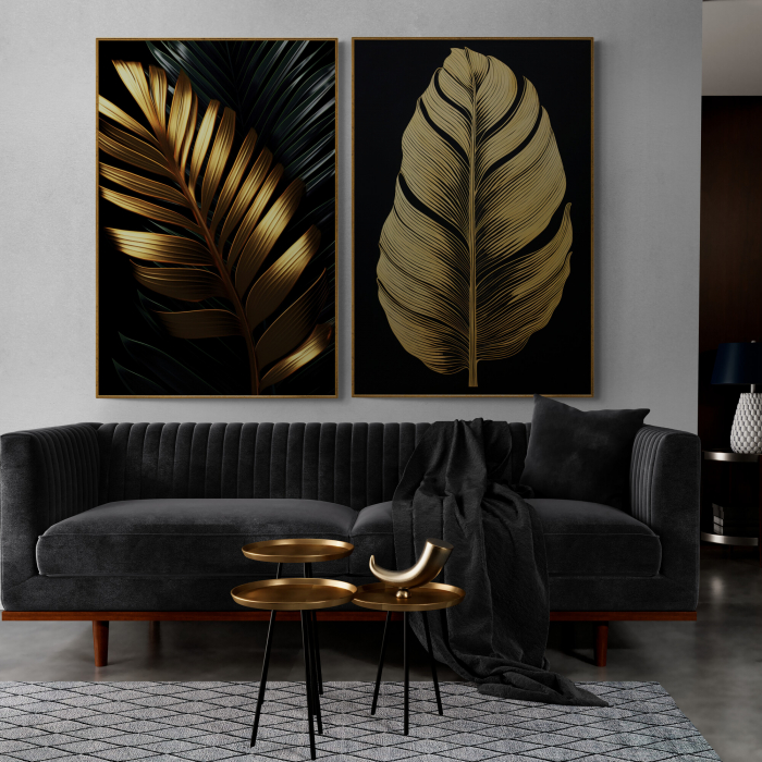 Tablou canvas, modern,  frunze aurii pe fundal negru, pentru living [1]
