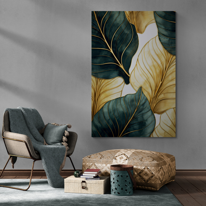Tablou canvas, modern,  frunze in nuante de auriu, pentru cafenea [1]