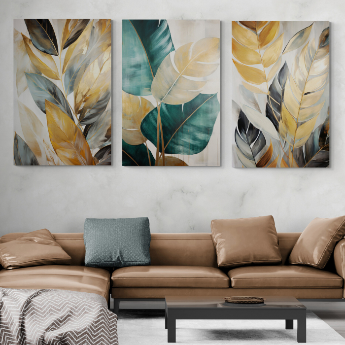 Tablou canvas, modern,  frunze in nuante de crem, auriu, pentru living, hotel [1]