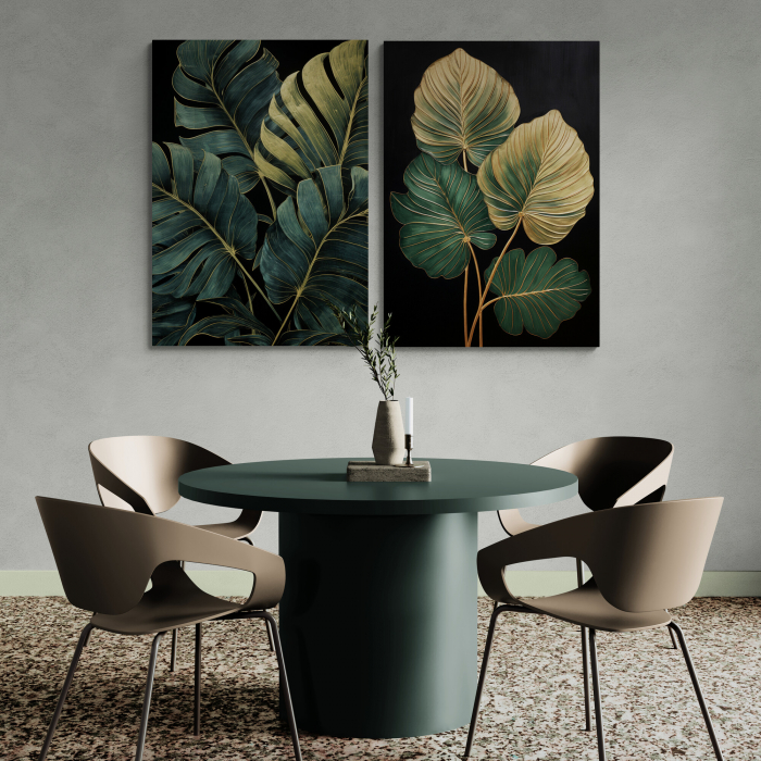 Tablou canvas, modern,  frunze in nuante de verde, auriu, pentru cafenea [1]