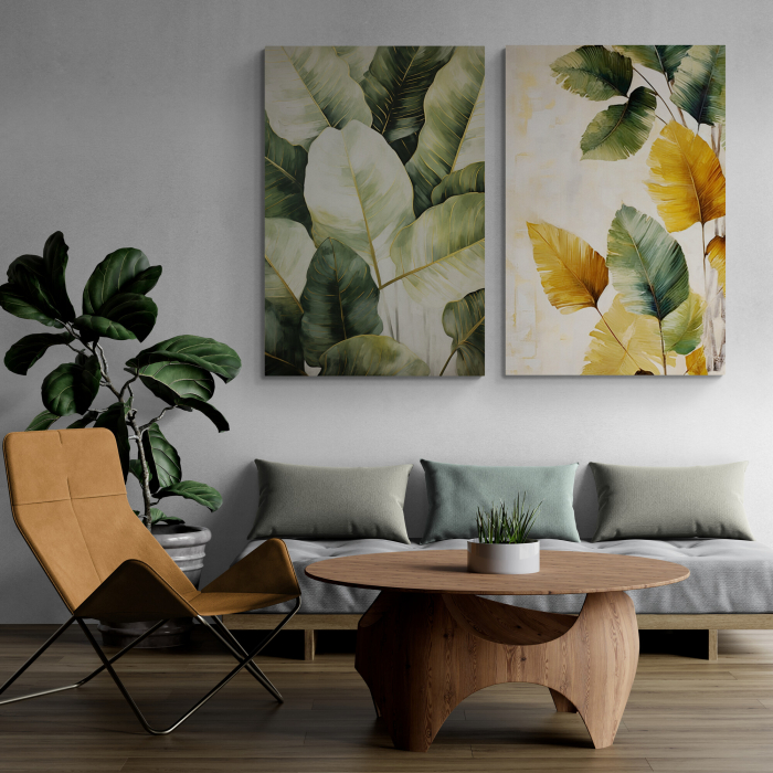 Tablou canvas, modern,  frunze in nuante de verde, galben, pentru hol, living [1]
