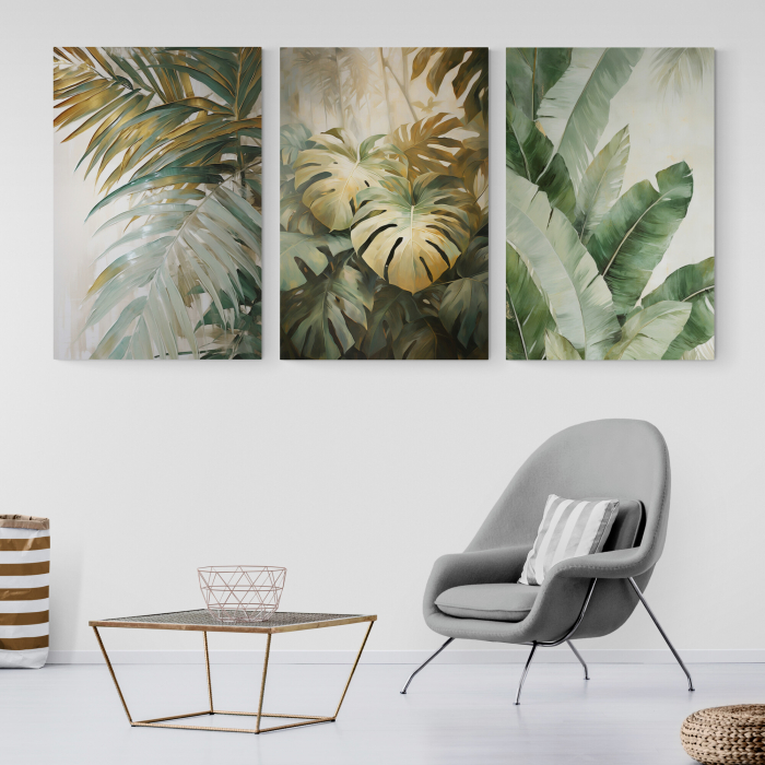 Tablou canvas, modern,  frunze in nuante de verde, galben, pentru living [1]