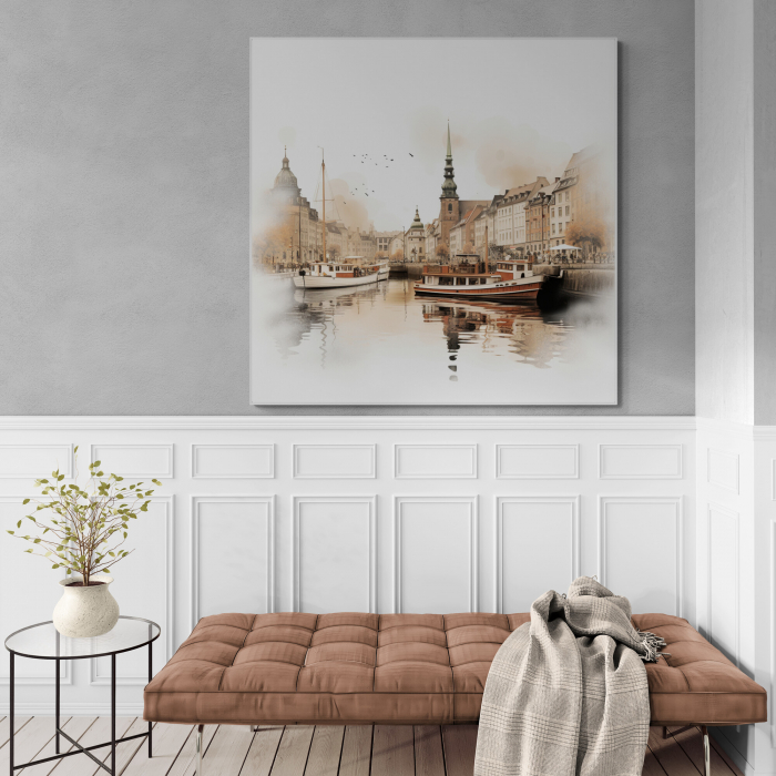 Tablou canvas modern cu Copenhaga, oraș și mare, în acuarela. [1]