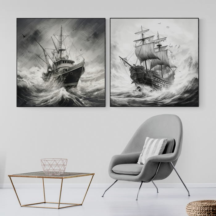 Tablou canvas modern cu barca în valuri, alb-negru, pentru hotel [1]