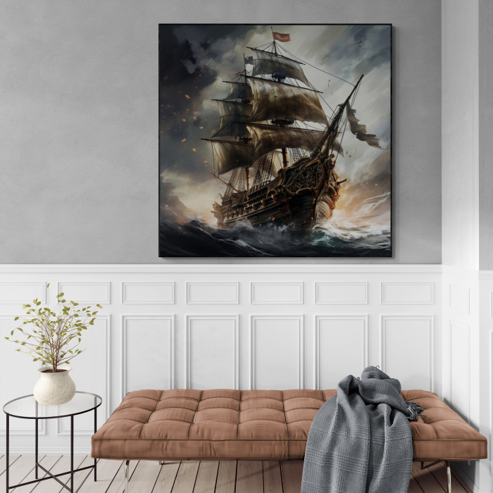 Tablou canvas modern cu peisaj marin și barcă în nuanțe de gri. [2]