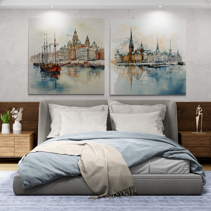 Tablou canvas abstract modern cu oraș și mare în acuarelă [1]