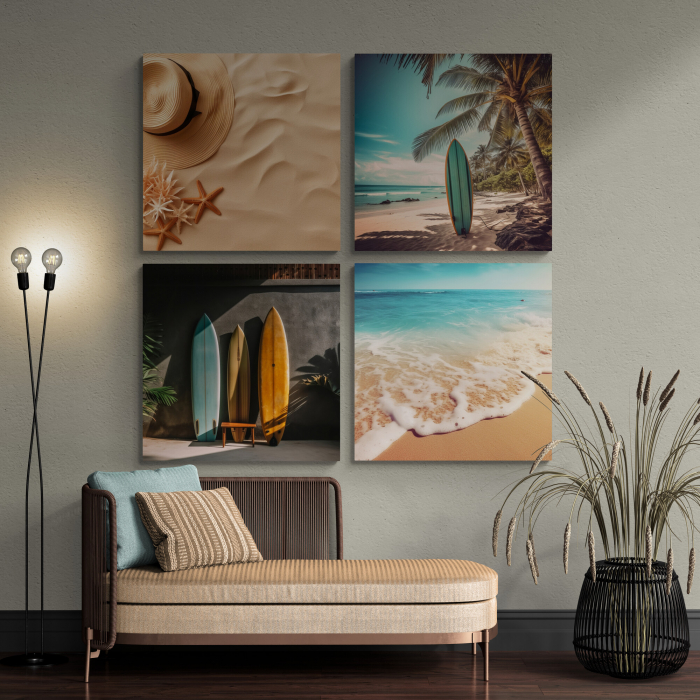 Tablou canvas abstract cu plajă, palmieri și pălărie în turcuaz [1]