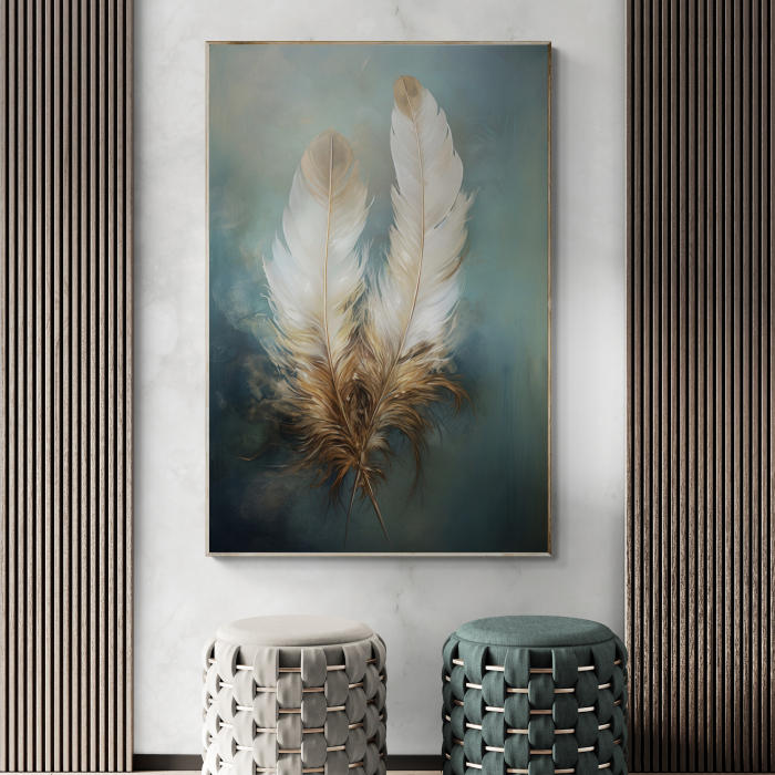 Tablou canvas, modern, Pene pictate in stil abstract, in nuante de alb, auriu, pentru hol [1]