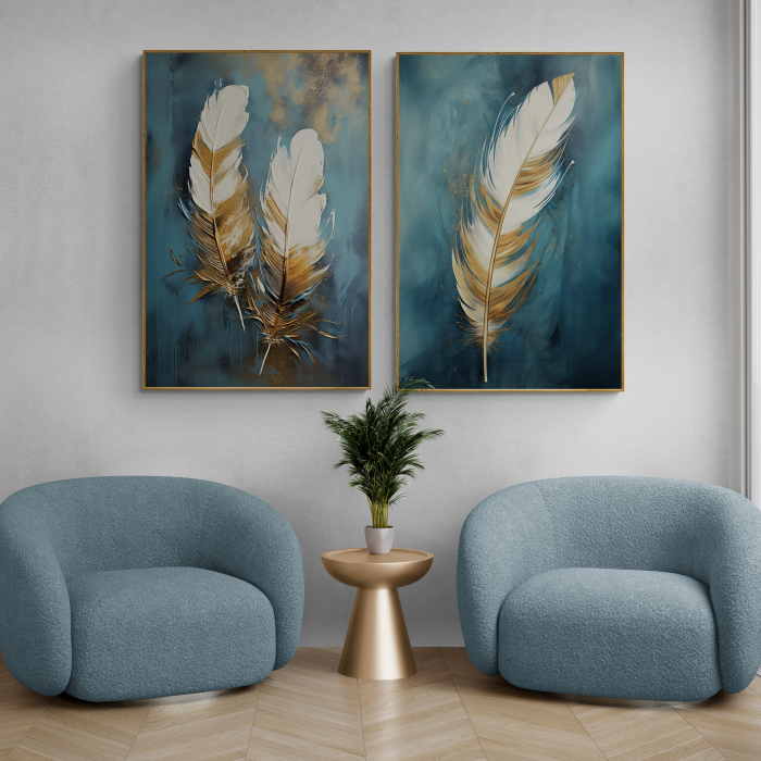 Tablou canvas, modern, Pene pictate in stil abstract, nuante de albastru, auriu, pentru hol [1]