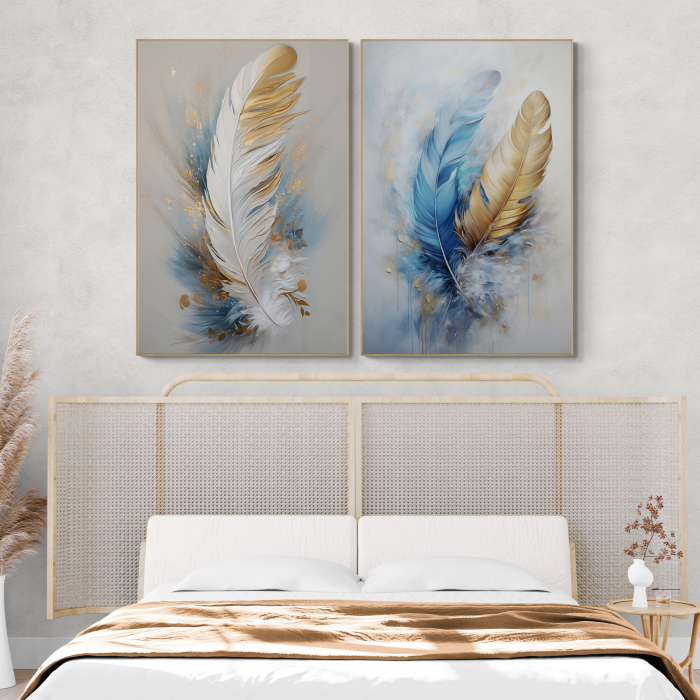 Tablou canvas, modern, Pene  pictate in stil abstract, nuante de albastru, auriu, pentru hotel [1]