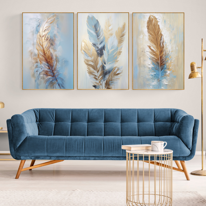 Tablou canvas, modern,  Pene  pictate in stil abstract, nuante de albastru auriu, pentru hotel, hol [1]