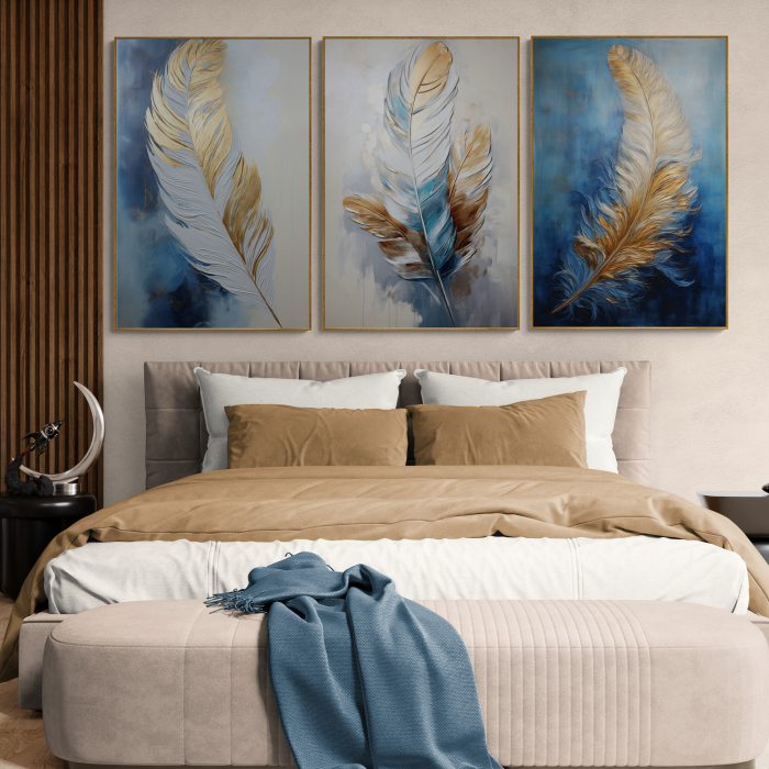 Tablou canvas, modern, Pene  pictate in stil abstract, nuante de albastru, auriu, pentru living [2]