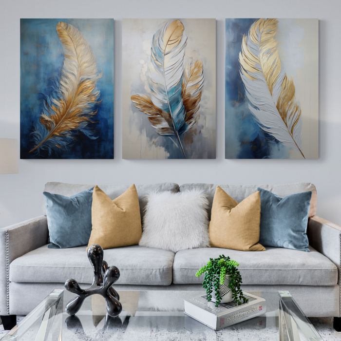 Tablou canvas, modern, Pene  pictate in stil abstract, nuante de albastru, auriu, pentru living [1]