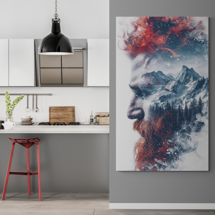 Tablou canvas, modern, portret barbal in dubla expunere cu munti, nuante de gri, rosu, pentru hotel [1]