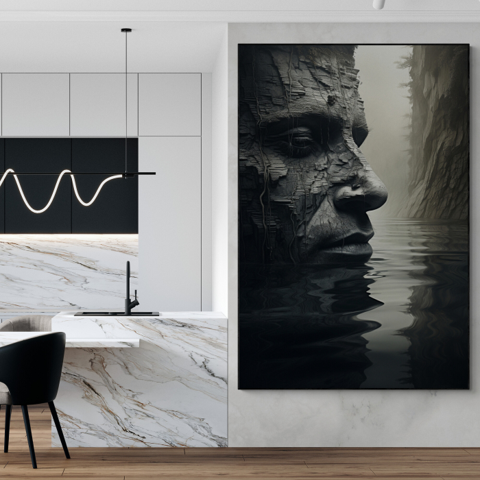Tablou canvas, modern, portret barbat in dubla expunere cu natura, alb negru, pentru hotel la munte [1]