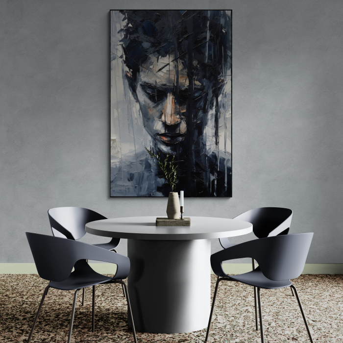 Tablou canvas, modern, portret barbat in stil abstract, nuante de albastru si gri, pentru cafenea [1]