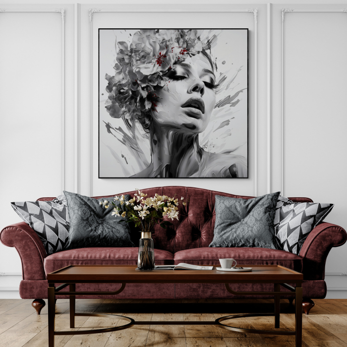 Tablou canvas, modern, portret femeie abstract cu flori, in nuante de alb negru, pentru living [1]