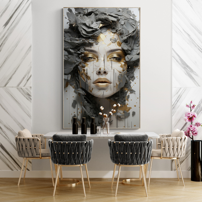 Tablou canvas, modern, portret femeie abstract, in nuante de gri si auriu, pentru hol [1]