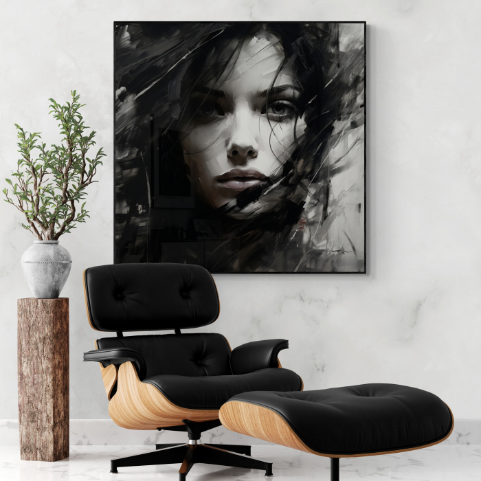 Tablou canvas, modern, portret femeie abstract, in nuante de gri si negru, pentru birou, hol [1]