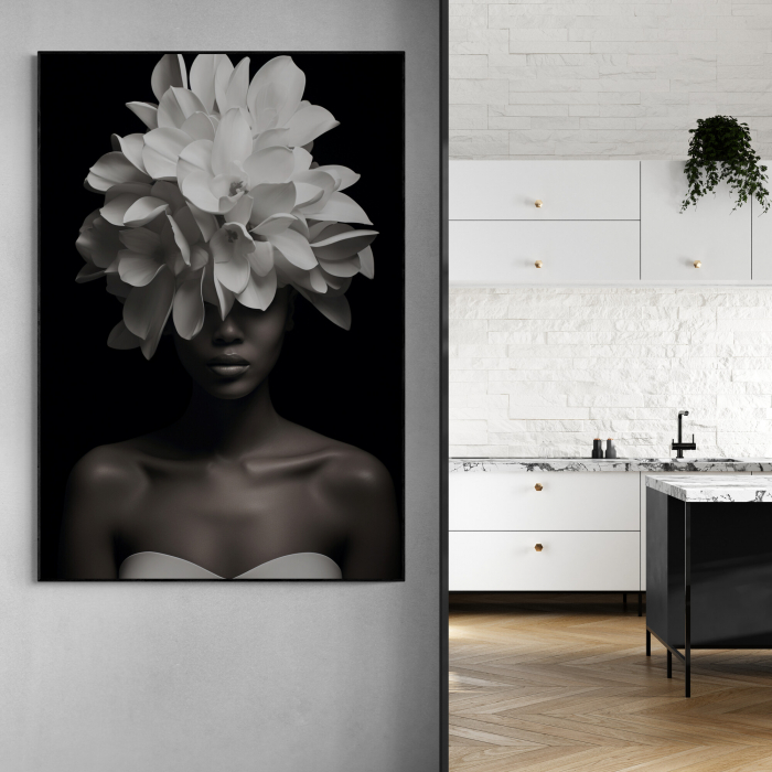 Tablou canvas, modern, portret femeie, cu flori, alb negru, pentru living [1]