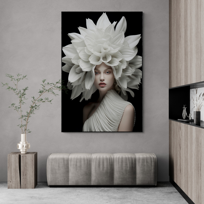 Tablou canvas, modern, portret femeie cu flori albe pe cap, elegant, pentru salon [1]