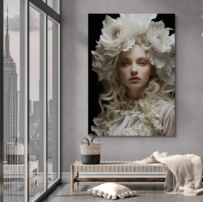 Tablou canvas, modern, portret femeie cu flori, elegant, alb, pentru birou [1]