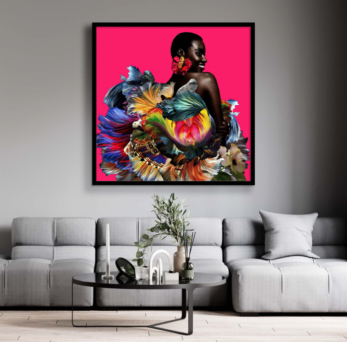 Tablou canvas, modern, portret femeie eleganta pe fundal roz, deosebit, pentru living [1]
