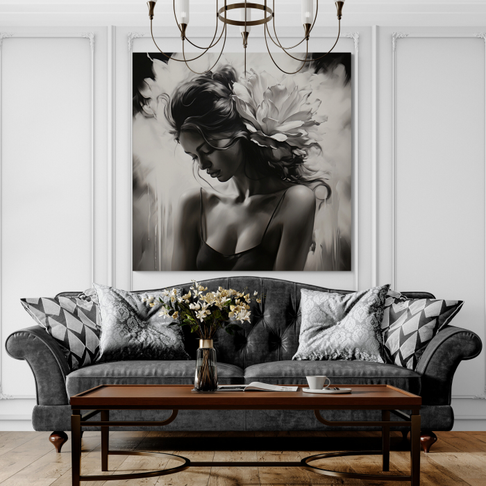 Tablou canvas, modern, portret femeie cu flori pe cap, elegant, pentru hotel [1]