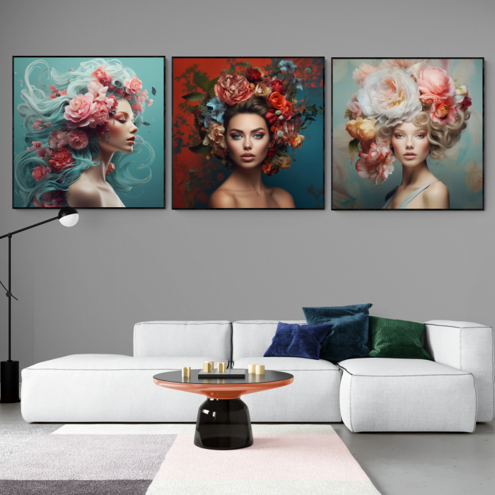 Tablou canvas, modern, portret femeie, cu flori [pe cap, pentru living [1]